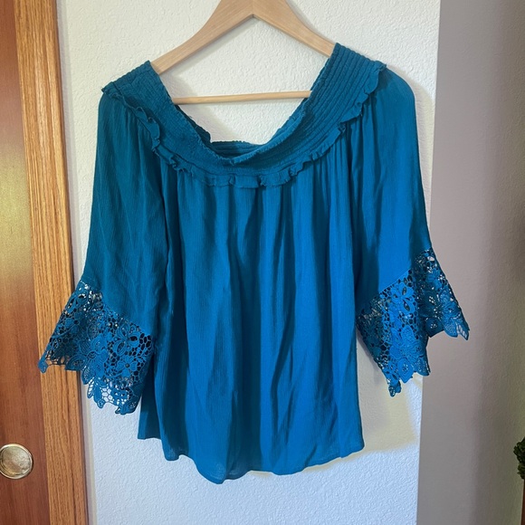 INC International Concepts Teal Blouse with Lace Sleeves Boho M Off the Shoulder - Picture 1 of 5